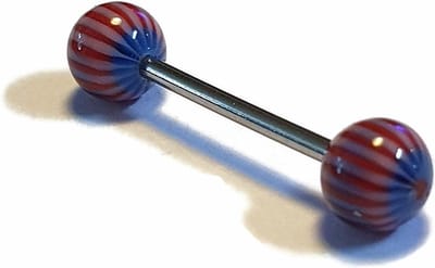 Aramat Jewels | Tongpiercings | Kleurrijke Gestreepte Tongpiercing van Staal | Gestreept-Rood-Blauw-Wit | |6mm | Staal | Volwassenen | Verkleurd niet