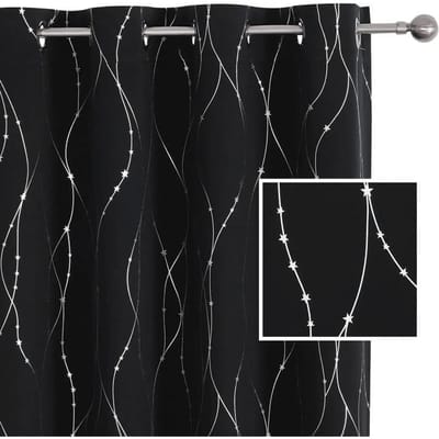 1 Stuk Verduisterende Gordijnen voor Slaapkamer, Zilveren Gordijnen met Lijnen en Sterren voor Eid Ramadan, Woonkamergordijn met Ringogen 132x160CM 1PC&Grommet Top black