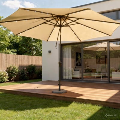 Zweefparasol 300 cm met LED Verlichting & Zonnepaneel – Kantelbaar 360° Rotatie, Inclusief Standaard & Zandzakken, UV-Bescherming, Waterafstotend, Beige – Nicolehome