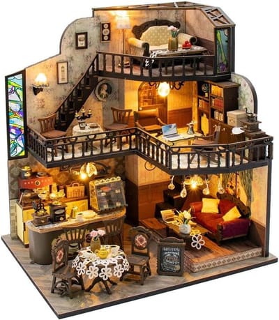 Poppenhuis Bouwpakket - Miniatuur Huis - Hobby Project - Met LED Verlichting - 23 x 18 x 24 cm - Houtkleur