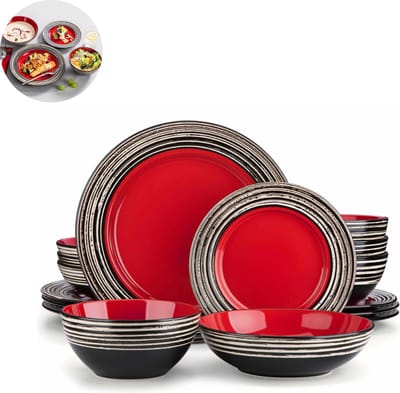 Luxe Serviesset – 16 delig – 4 persoons – Porselein - Bordenset – Dinner platen – Dessertborden - Kommen - Pastaborden - Rood
