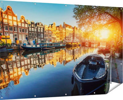 Gards Tuinposter Amsterdamse Gracht bij Zonsondergang - 180x120 cm - Tuindoek - Tuindecoratie - Wanddecoratie buiten - Tuinschilderij
