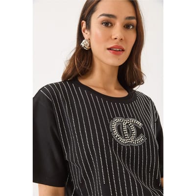 Geborduurd Gestreept T-shirt met Ronde Hals
