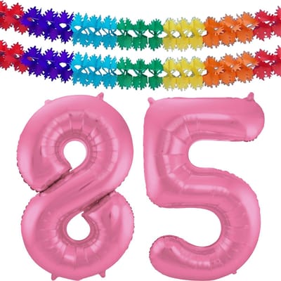 Folat Verjaardag Leeftijd folieballon - 85 jaar - roze - 86 cm - cijferballon groot - incl 2x feestslingers