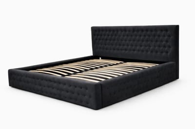 Gestoffeerd Bed Chesterfield 11 met Opbergruimte en Gecapitonneerd Hoofdbord - 140x200 cm - Zwart (Manila 18)