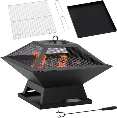 Vuurschaal - Vuurkorf BBQ - met Vonkenscherm en Pook - voor Buiten en Camping - Tuin en Terras- Roestvrij Staal - Ø 45 x 34 cm - Zwart