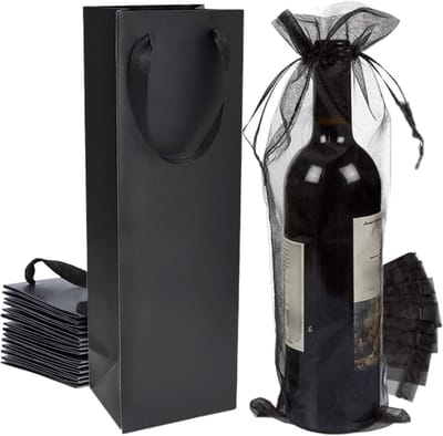 60x Luxe Wijnflessen Zakken Set: Zwart Kraftpapier & Organza Cadeautas