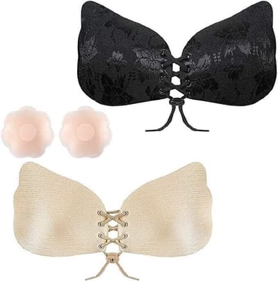 Rovtop - onzichtbare bh - B-cup - gel plak bh's - 2-pack - Beige en Zwart print - zelfklevend - ademend - push up - strapless - incl. 2 magic tepel covers - tepel plakkers - herbruikbaar