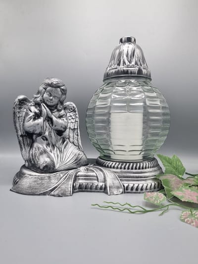 Herdenkingslicht - Engel - Zilver - Bol - Grafkaars - Graflicht - Graflantaarn - Grafdecoratie - Windlicht