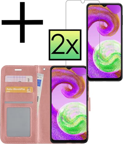 Hoesje - Met 2x Screenprotector - Geschikt voor Samsung Galaxy A04s - Luxe Pasjeshouder - Bookcase Portemonee - Flip Case - Kunstleer Book Case - Flipcase Hoes - Book Cover - Walletcase - Portemonneehoes - Rosé goud