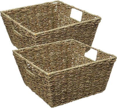 5Five Rieten opbergmand - 2x - gevlochten - beige/zwart - 31 x 31 x 15 cm - kastmanden