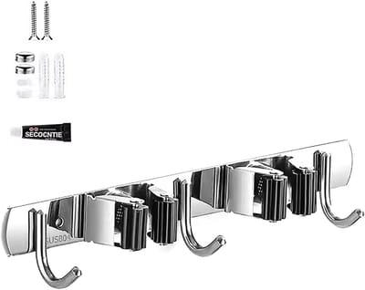 Famanu – Bezemhouder dubbel functie – RVS wandhouder met 2 houders en 3 haken, compact maar multifunctioneel – Voor badkamer, garage en tuin