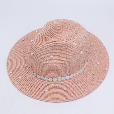 Chapeau de Panama en Paille Perle Mode Hommes et Femmes Top Hat Incrusté de Diamants et Paillettes Chapeau de Soleil Bord de Mer Chapeau de Plage one size fits all beige