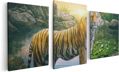 Artaza Canvas Schilderij Drieluik Luipaard In Een Vijver Bij Zonsondergang - 120x60 - Foto Op Canvas - Canvas Print