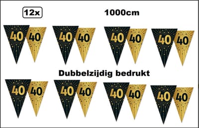 12x Luxe Vlaggenlijn 40 jaar 10 meter goud/zwart - dubbelzijdig bedrukt - Jubileum verjaardag thema feest