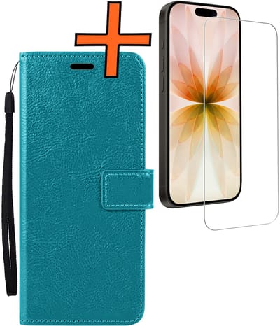Hoes - Met Screenprotector - Geschikt voor Apple iPhone 17 - Luxe Pasjeshouder - Bookcase Portemonee - Flip Case - Kunstleer Book Case - Flipcase - Book Cover - Walletcase - PortemonneeHoes - Turquoise