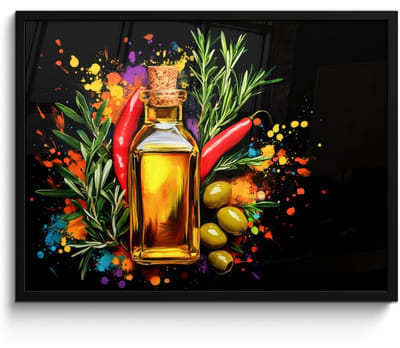 Poster in lijst - Fotolijst 70x50 cm - Posters - Olijfolie - Graffiti - Peper - Olijven - Modern - Posterlijst zwart - Decoratie - Wanddecoratie woonkamer - Muurdecoratie slaapkamer