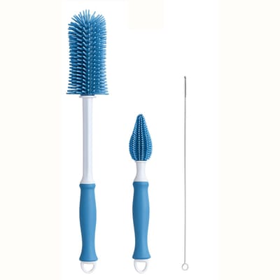 Flessenborstel Baby Siliconen – 3-delige Set – Vaatwasserbestendig – Blauw – Flessenreiniger / Fles Borstel – Babyflessen & Zuigflessen – BPA-vrij - Flesvoedingsaccessoires