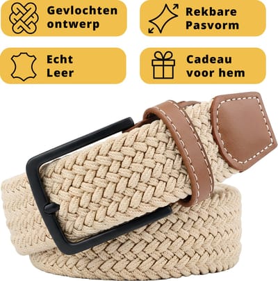 Garzini Elastische Riem Heren - Gevlochten Broekriem Heren zonder gaatjes - Broekriem zonder gaatjes - W31-W33 (91-99 cm) - Beige