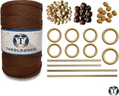 Macramé Pakket | 200 METER | Incl. Handleiding | Bruin | Starter Set | Ringen | Kralen |Stokken | Macramé Touw | 3mm | 100% Katoen | Macramé | Decoratie | DIY | Doe Het Zelf | Wandkleed | Dromenvanger | Plantenhanger | Tassen | TheOldOmen |