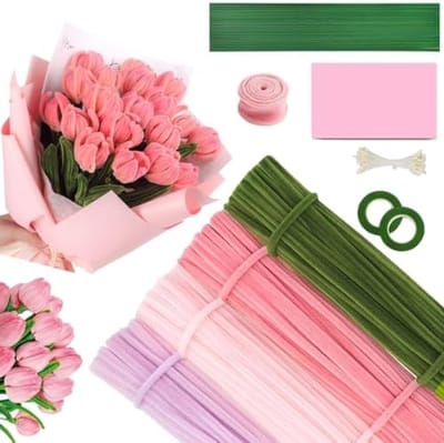 PromoHome Creatieve Knutselset - 400 Delige Pijpenreinigers Bloemen Kit met Chenilledraad, Bloemstempels, Plakband en Cadeaulint voor DIY Bloem Decoraties en Handgemaakte Projecten
