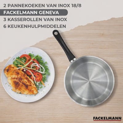 Set 2 pannen 20 en 24 cm 3 steelpannen 12 16 en 20 cm roestvrij staal en 6 keukengerei Fackelmann Geneva