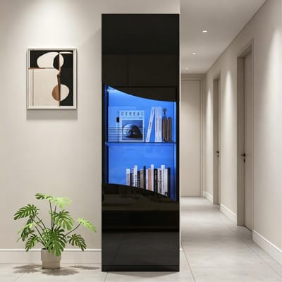 OKWISH Vitrinekast – Smal Hoog Model Met LED-Verlichting – 35x50x165 cm – 4 Niveaus Opbergruimte – Hoogglans Zwart Met Gehard Glas