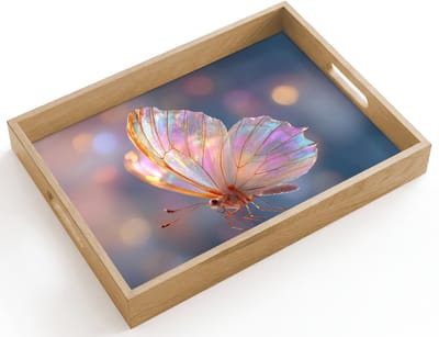 Dienblad hout 40x30 cm - Schootdienblad - Vlinder - Vleugels - Pastel - Glinstering - Borrelplank rechthoek - Plateau dienbladen