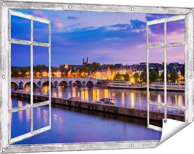 Gards Tuinposter Doorkijk Maastricht Maas Rivier bij de Sint Servaasbrug - 120x80 cm - Tuindoek - Tuindecoratie - Wanddecoratie buiten - Tuinschilderij