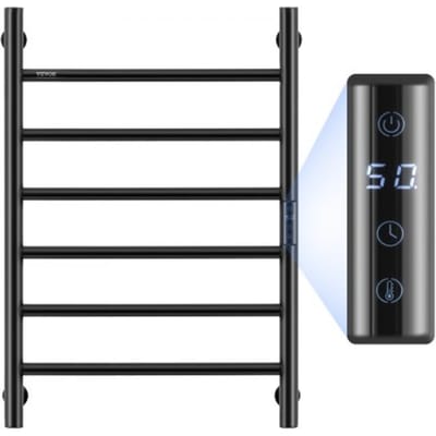VEVOR Handdoekdroger Radiator Handdoekverwarmer, Verwarmde handdoekradiator met 6 stangen, Waterdichte handdoekverwarmer met timer en LED-display, 5 instelbare temperatuurniveaus, Wandmontage, Zwart