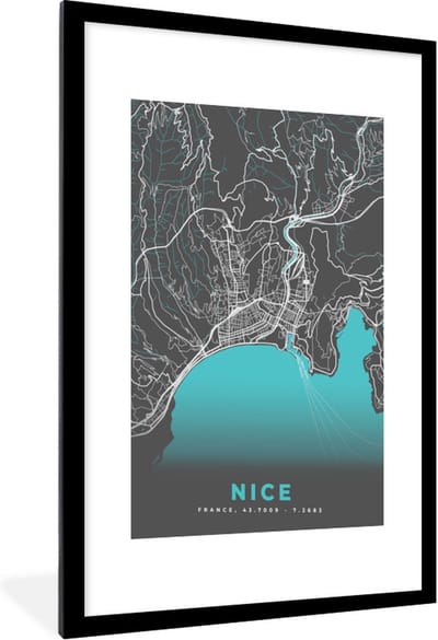 Fotolijst incl. Poster - Kaart - Plattegrond - Nice - Frankrijk - Stadskaart - 60x90 cm - Posterlijst