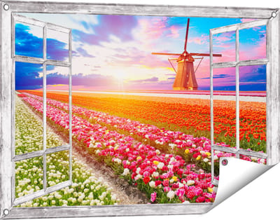 Gards Tuinposter Doorkijk Kleurrijke Bloemenveld met een Windmolen - 90x60 cm - Tuindoek - Tuindecoratie - Wanddecoratie buiten - Tuinschilderij