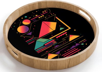 Dienblad rond 40x40 cm - Schootdienblad hout - Piramides - Cirkels - Neonkleuren - Geometrisch - Borrelplank rechthoek - Plateau houten dienbladen