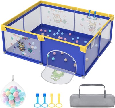 Froadp babybox 150 x 180 cm, antislipbox met draagbare speeltent, veiligheidsbarrière en beschermingshek voor peuters, blauw met dierenmotieven