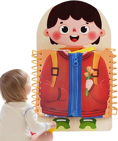 Houten Speelbord - Activiteitenbord Kinderen - Motorische Vaardigheden Leren - Zes Roterende Secties - 30 x 19 cm - Natuurlijk Hout