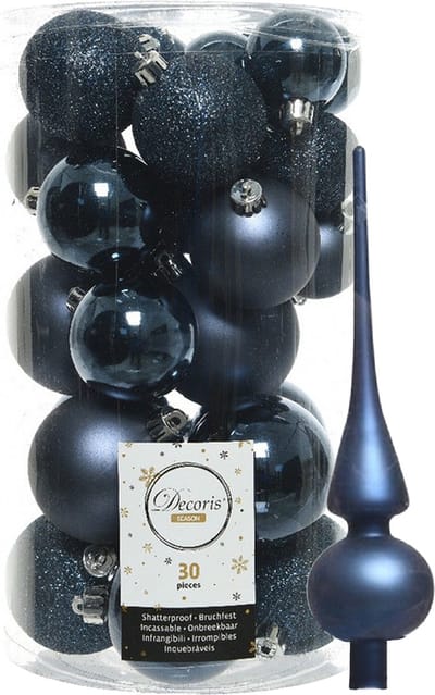 Decoris kerstballen 30x stuks - donkerblauw 4/5/6 cm kunststof mat/glans/glitter mix en mat glazen piek 26 cm