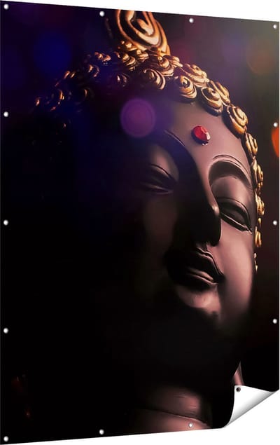 Gards Tuinposter Boeddha Beeld met Gouden Sierraden - 120x160 cm - Tuindoek - Tuindecoratie - Wanddecoratie buiten - Tuinschilderij