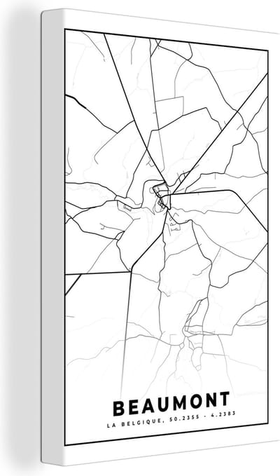 Canvas Schilderij België – Beaumont – Stadskaart – Kaart – Zwart Wit – Plattegrond - 20x30 cm - Wanddecoratie