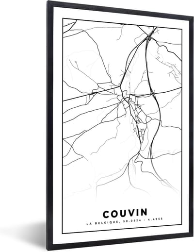 Fotolijst incl. Poster Zwart Wit- Plattegrond – Couvin – Zwart Wit – Stadskaart - Kaart - België - 40x60 cm - Posterlijst