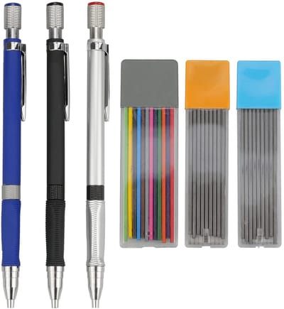 Dailygoody - 3 Stuks Vulpotlood 2.0mm - Automatisch Potlood voor Schetsen - Zwart en Kleur - Ideaal voor Tekenen - Geschikt voor Hobbyisten en Profess