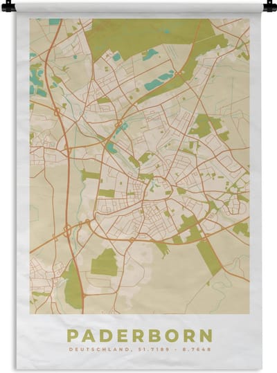 Wandkleed - Wanddoek - Vintage - Paderborn - Plattegrond - Kaart - Stadskaart - 120x180 cm - Wandtapijt