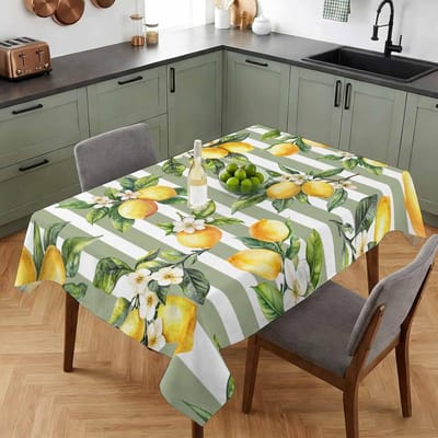 Zomer Citroenbloemen Rechthoekige Tafelkleed voor Tafeldecoratie Gele Vruchten Saliegroene Strepen Keuken Eettafelkleed Feestdecoratie 140x140cm