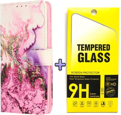 Casemania Hoesje Geschikt voor Samsung Galaxy S23 FE - Marmer - Paars + Glazen Screenprotector - Portemonnee Book Case