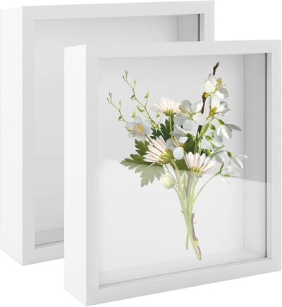 2 Pack 3D Fotolijsten voor Objecten tot 3 cm, Diepe Lijsten voor Bruidsboeketten en DIY Kunstwerken, Wit, 30 x 30 cm