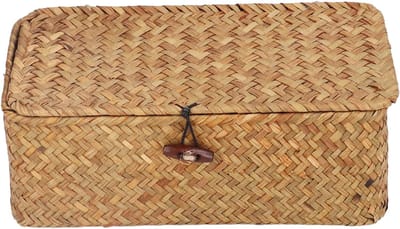 Famanu - Zeegras Opbergdoos met Deksel, rechthoekige rieten mand met grote capaciteit voor opslag van speelgoed, textiel en huishoudelijke items