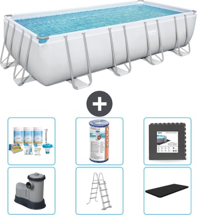Bestway Rechthoekig Power Steel Zwembad - 549 x 274 x 122 - Grijs - Inclusief Pomp - Ladder - Afdekzeil Onderhoudspakket - Filter - Vloertegels
