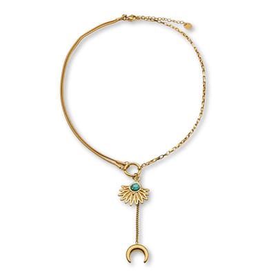 Marama - Ketting Veerle Goud - damsketting - verstelbaar - gold plated - edelsteen turkoois - stainless steel - maan hanger - luxe geschenkverpakking