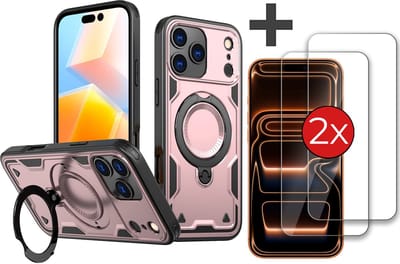 Hoesje Geschikt voor iPhone 17 Pro Max met 2 Stuks gehard glas Screenprotector - Armor hoes met Ringhouder - Arara backcover - Rosegoud