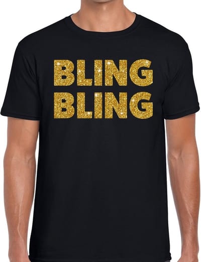 Bellatio Decorations Bling Bling T-shirt - zwart - gouden glitter tekst - heren - Verkleed shirt - cadeau S