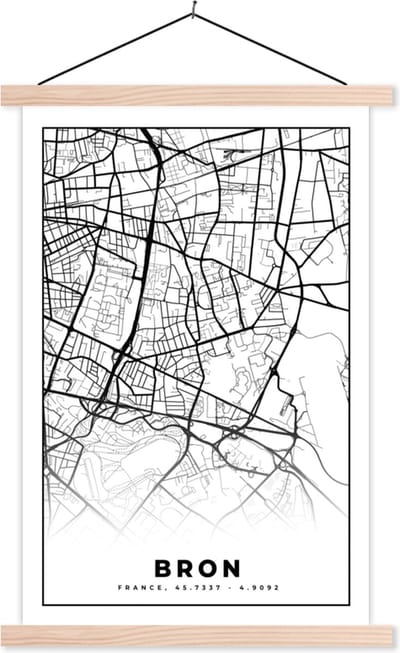 Posterhanger incl. Poster 40x60 cm - Schoolplaat - Plattegrond - Kaart - Frankrijk - Stadskaart - Bron - Zwart wit - Textielposter - Blanke latten - Stadskaart